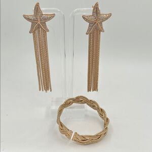 Vintage 80s Nautical Gold Tone Starfish Tassel Earrings and Bracelet Set